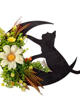 万圣节新月猫花环壁挂门饰家居节日氛围装饰品仿真花环月亮猫