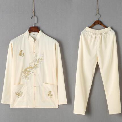 高档中国风夏季红男唐装男套装长袖爸爸装中老年士薄款色演出汉服