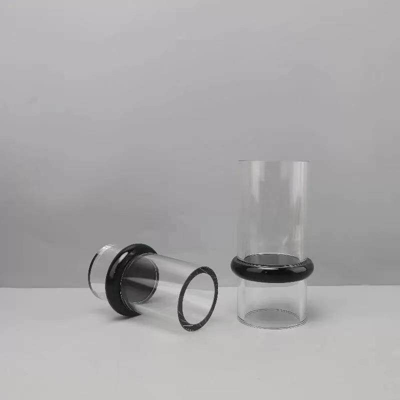 轻奢极简黑圈圆柱玻璃花器客厅玄关透明花瓶样板间摆件高端透明