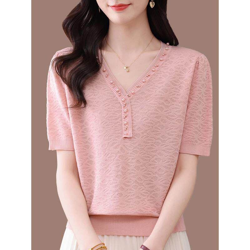 桑蚕丝V领短袖t恤女夏季新款中年妈妈装天丝针织小衫时尚洋气上衣