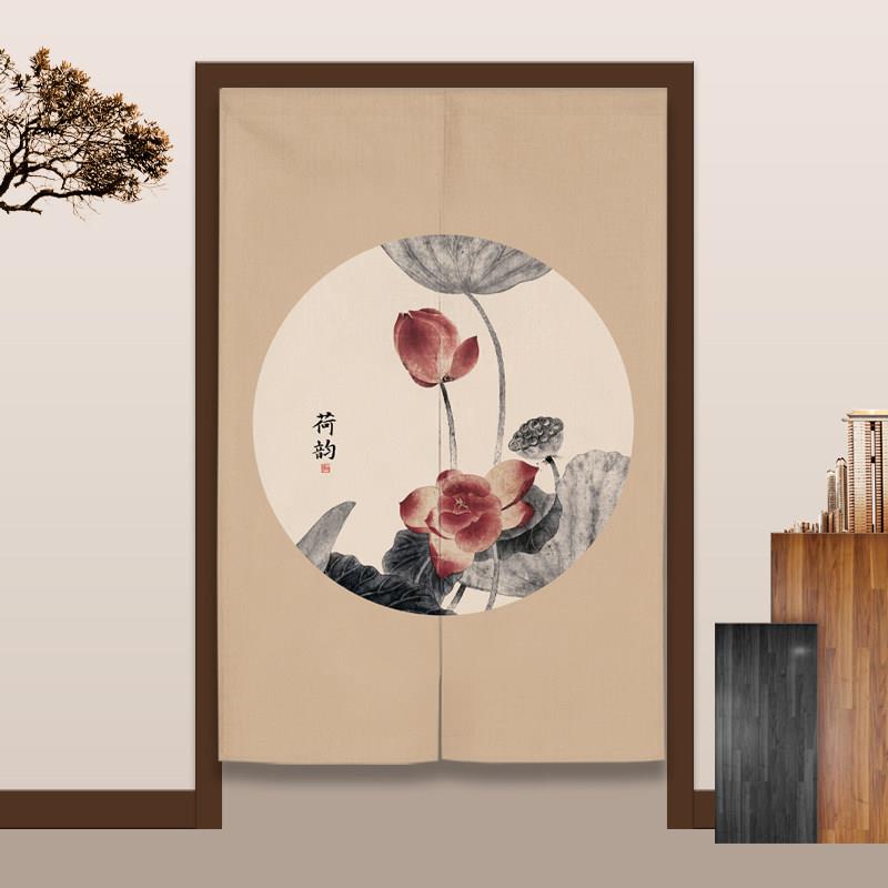 中式门帘禅意水墨荷花布帘厨房厕所遮挡帘客厅玄关半截挂帘隔断帘