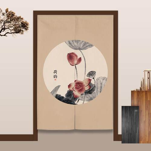 中式门帘禅意水墨荷花布帘厨房厕所遮挡帘客厅玄关半截挂帘隔断帘