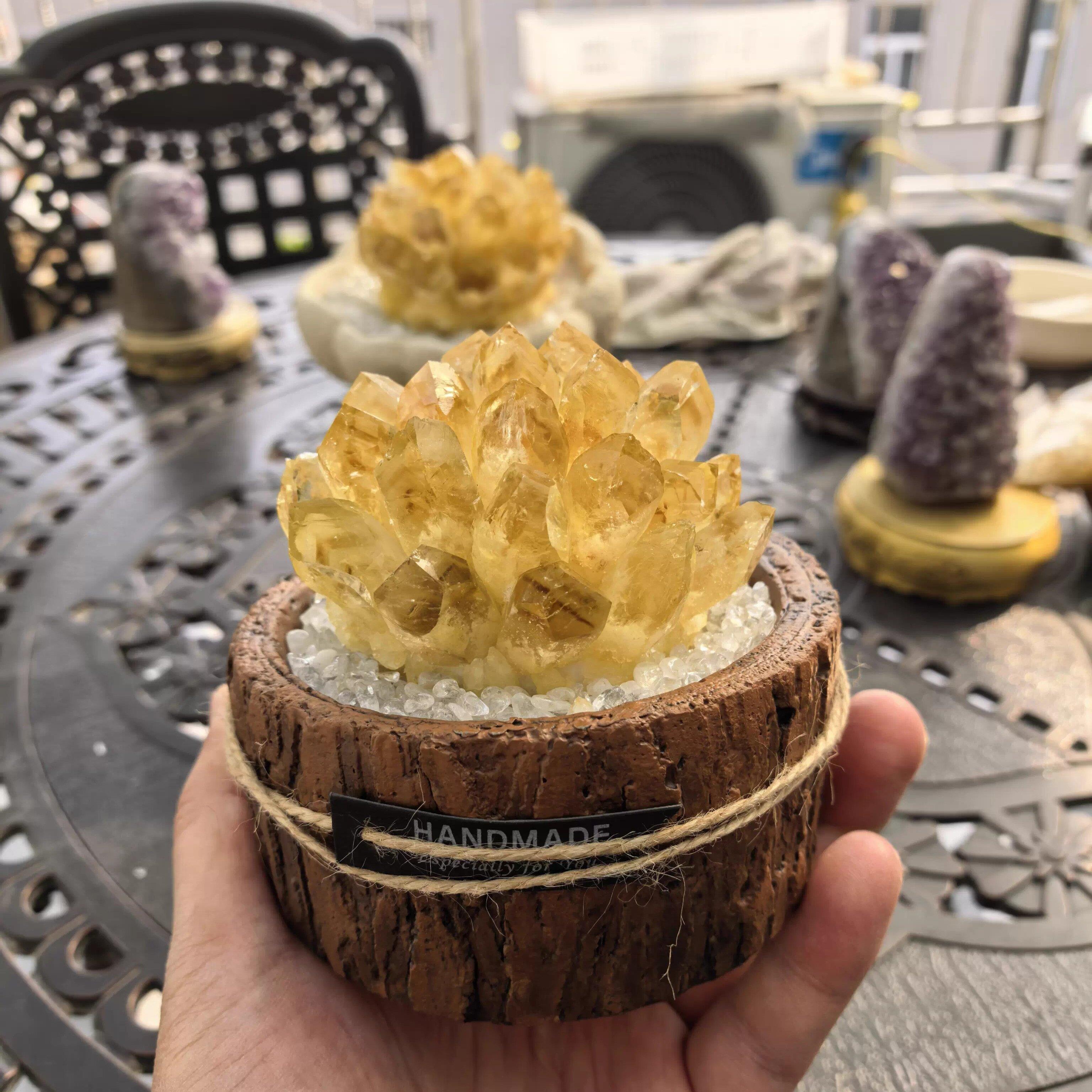 黄水晶摆件 水晶簇原石发财树黄水晶球水晶柱消磁客厅办公室饰品