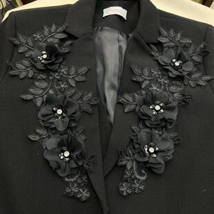 新款一对羽毛花朵黑色立体对花重工贴花diy补丁外套毛衣服饰配件