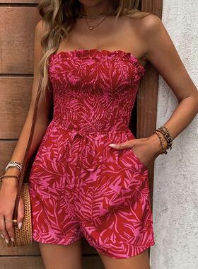 Women ' s Floral Print Geometric Frill Trim Shirred Tube