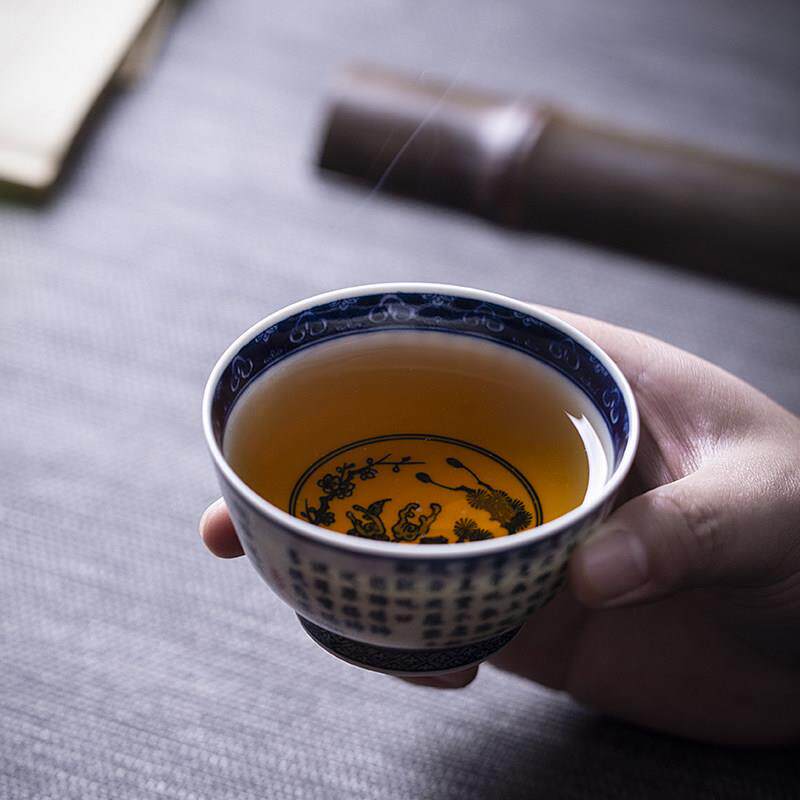 钟家窑青花柴窑杯品茗杯景德镇功夫茶具般若杯波罗蜜心经杯主人杯