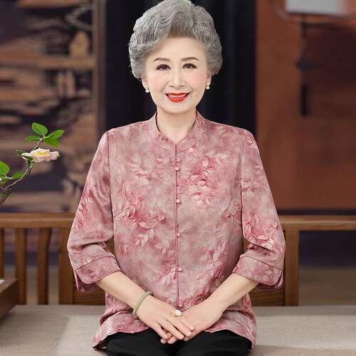 国风中老年人衬衫女开衫夏装桑蚕丝100%套装奶奶真丝旗袍领上衣薄