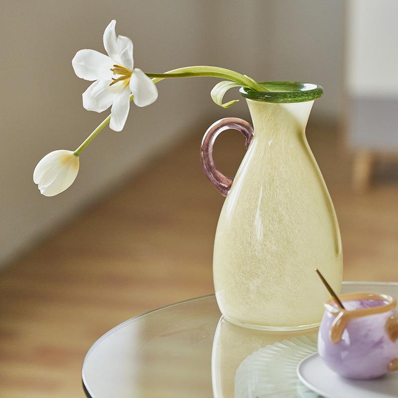 中风单耳渐变彩色单TRZ耳瓷粉花瓶家用鲜柜花装餐桌电视古软台面