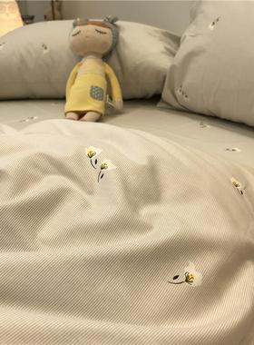 正品灰色细条日式小碎花四件套全棉纯棉简被约.5纹m田园风耐脏少