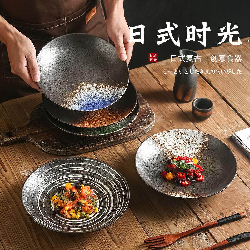 跨境日式刺身深盘商用粗陶西餐盘家用陶瓷斗笠浅碗黑色陶瓷餐