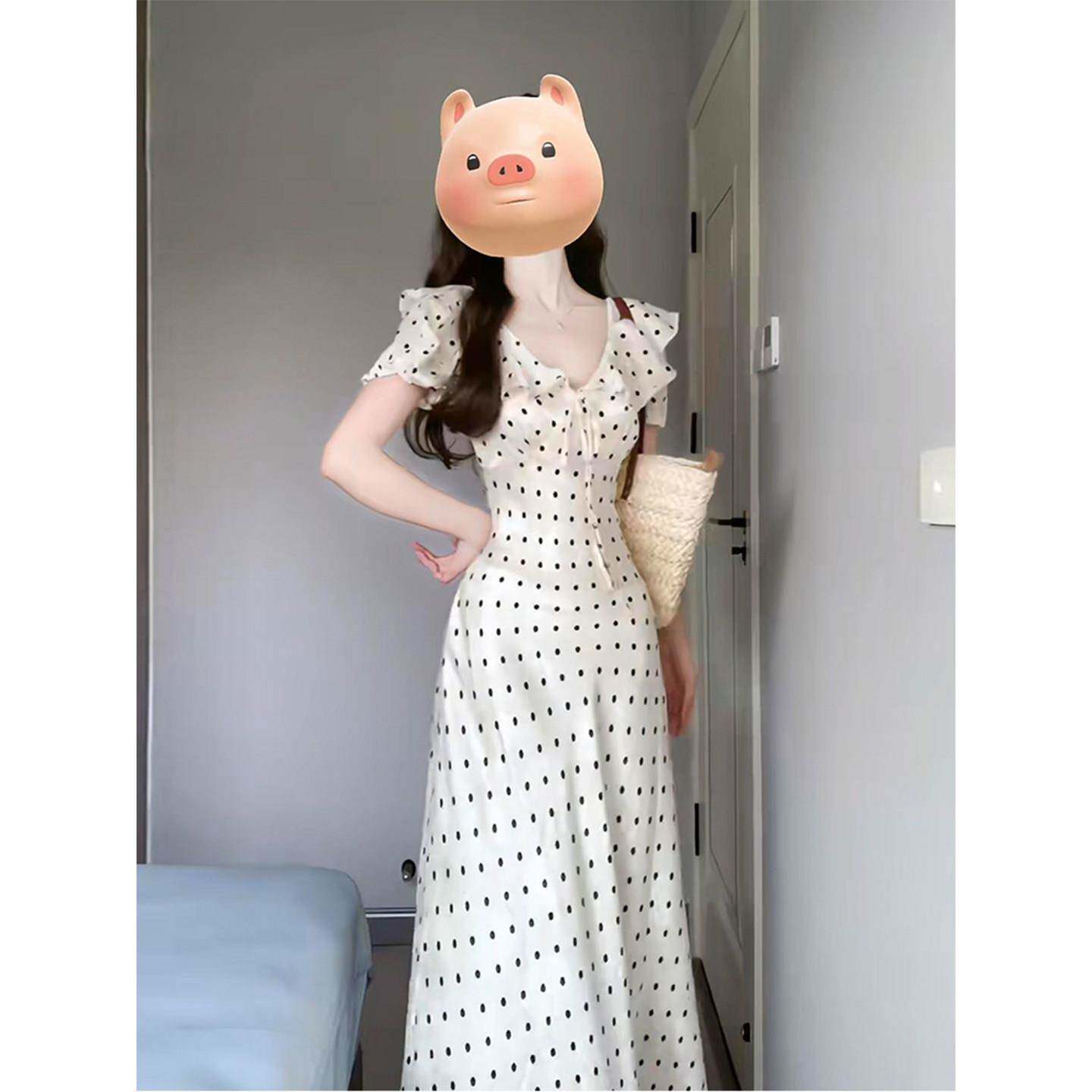 法式温柔白色波点洋装女夏季新款系带收腰显瘦气质海边度假长裙