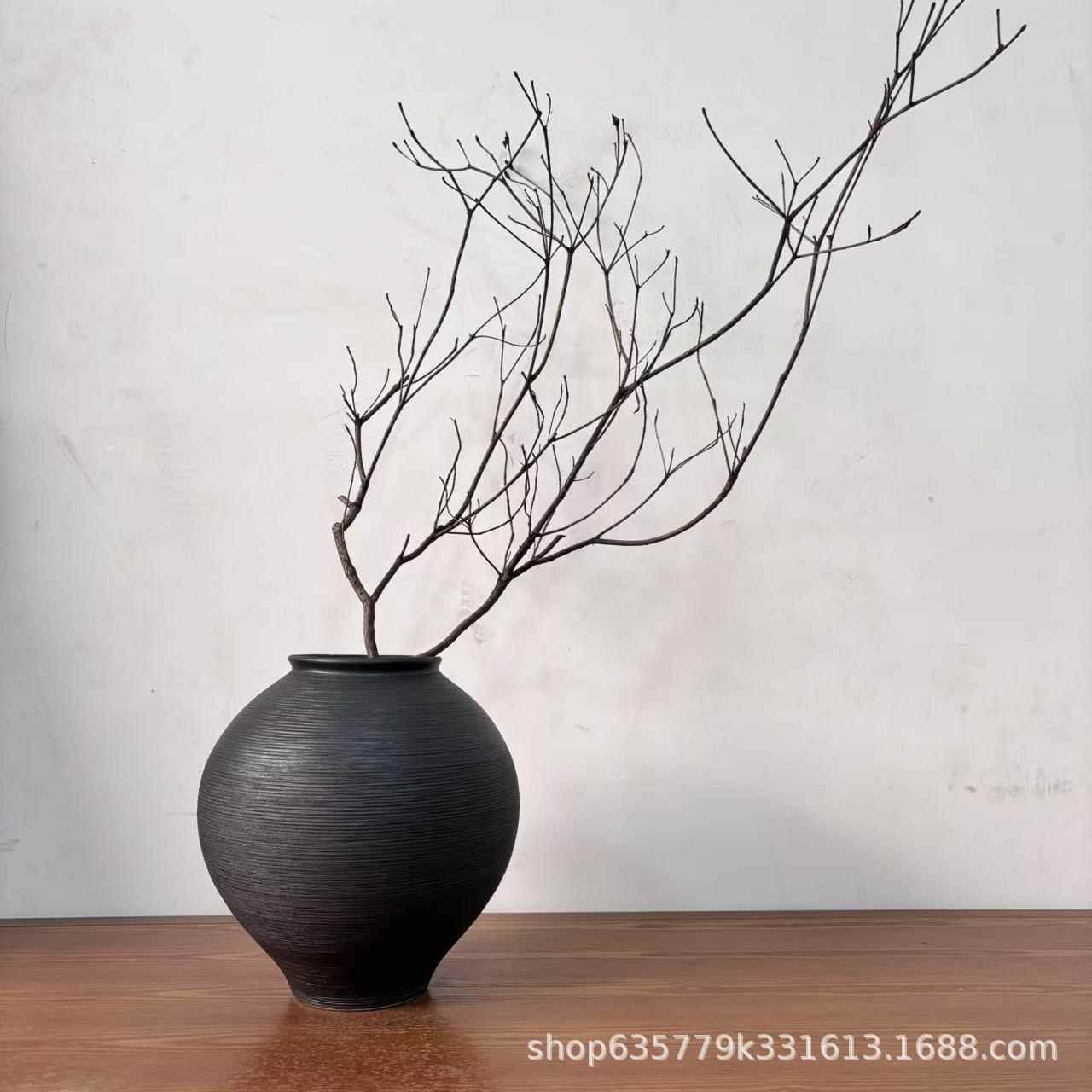 落地陶瓷花瓶客厅插新干花FMQ1简大约装饰侘寂拉丝黑粗陶罐摆客厅