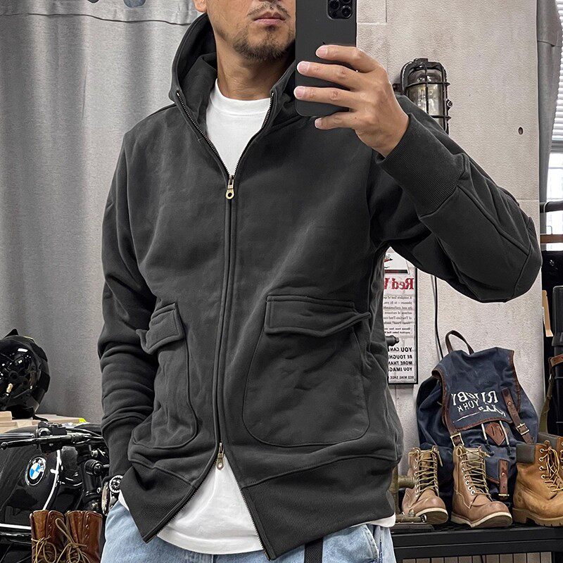 home daily 500克重加绒加厚美式复古卫衣男双拉链连帽开衫外套