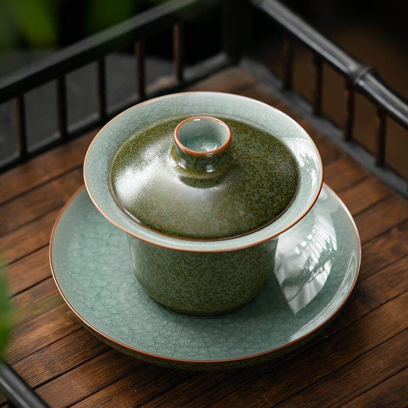天青米黄汝窑三才盖碗钧窑高档防烫带盖泡茶公道杯三件套茶具套装