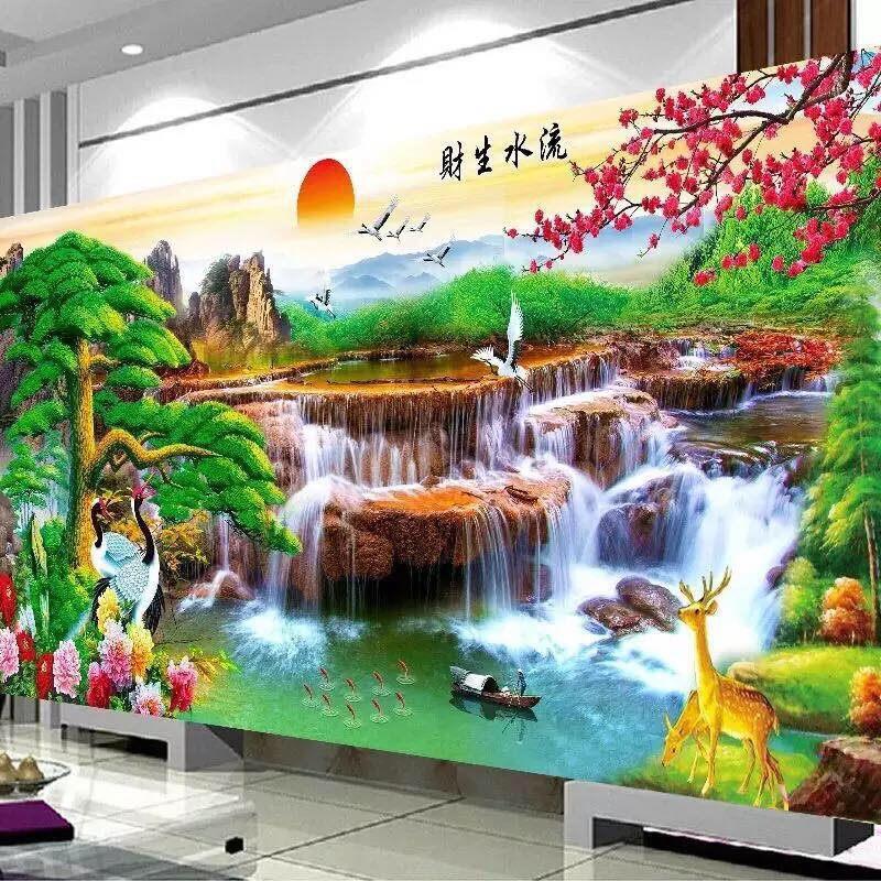 流水生财山水画十字绣2026新款线绣迎客松客厅大幅手工自己刺满绣