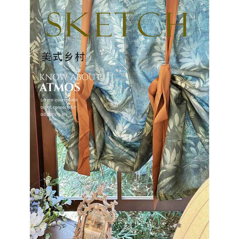 式覆古墨绿美印提拉帘棉麻窗帘门帘花房半帘厨短帘半遮光罗JEF马