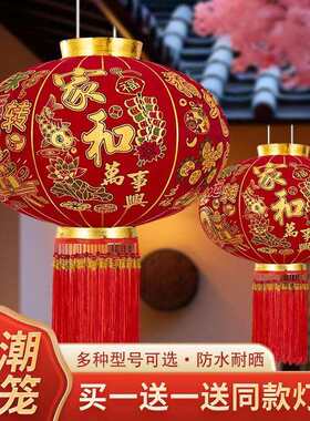 2026新款春节大门院子灯笼阳台挂饰长杆灯笼过年大红植绒灯笼一对