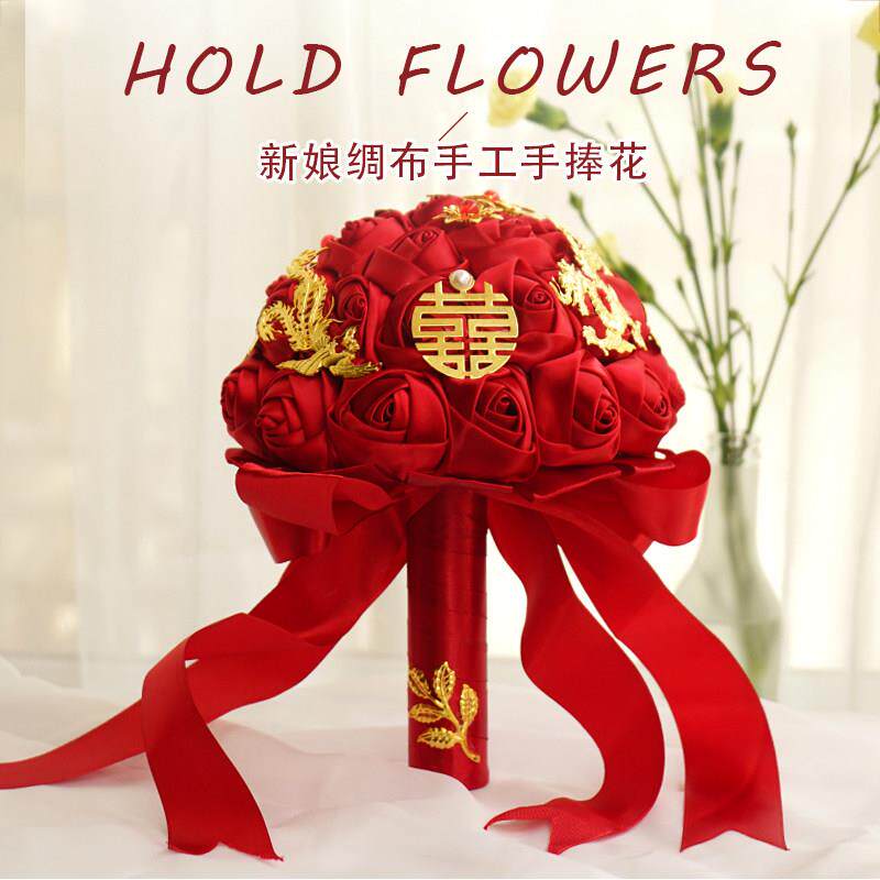 新娘手捧花手工绸花中式婚礼新娘婚纱摄影彷真红玫瑰中国风秀禾服