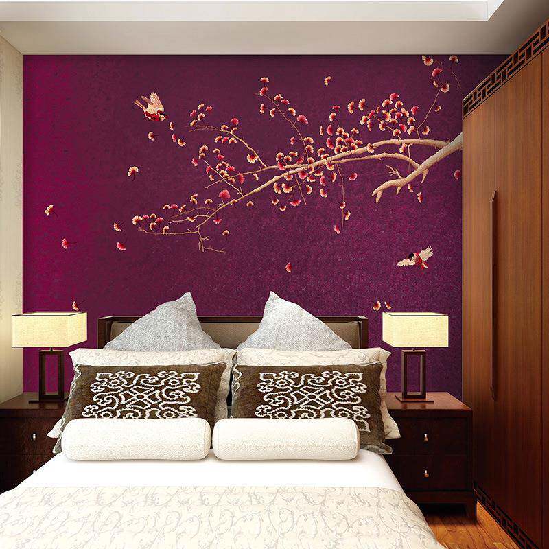 定制独绣壁画无缝墙布刺绣花鸟背景布中式玄关档壁布电视背景墙