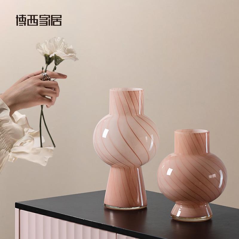 博西家居粉色条纹葫芦水培玻璃花瓶摆件家居软装样板间装饰花器