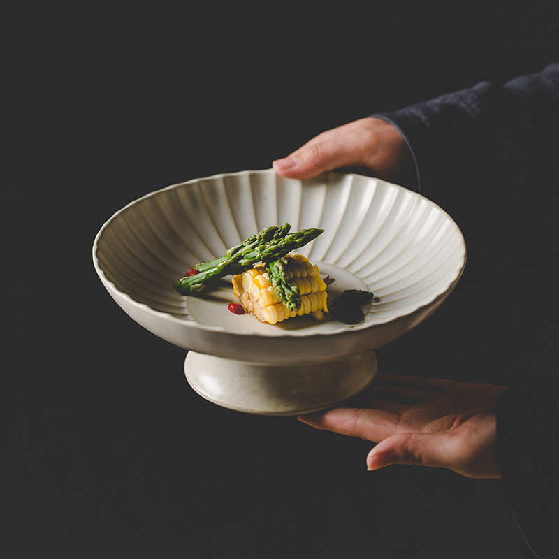 高脚托盘盘子食器景德镇盘创意手工粗汤陶盘深餐具复古果盘日式