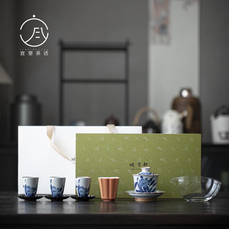 映月轩手绘百合套组文人茶室整套茶具盖碗茶杯杯垫家用茶礼套装