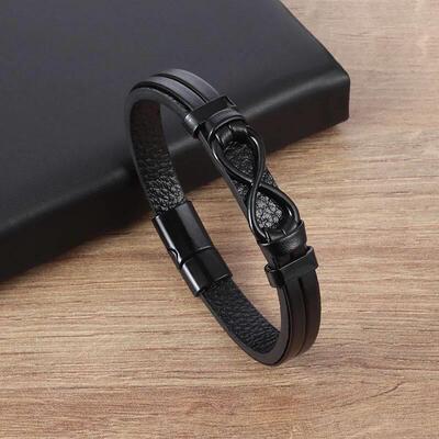 Mens Womens Couple Metal Infinity Sign Leather Bracelet Magn