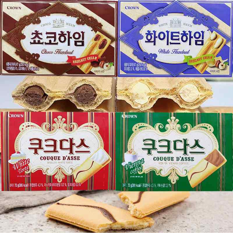 韩国进口 crown克丽安夹心条饼干奶油巧克力榛子威化咖啡味零食