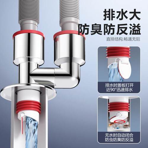 洗衣机地对漏三通接头接器防洗手盆排水管分流器二合一三道通反水