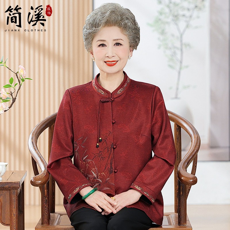 简溪中老年秋装女薄衬衫长袖奶奶刺绣上衣60岁70老人衣服夏装衣服