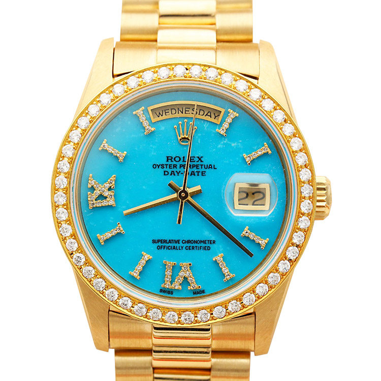 正品[9.8新]劳力士星期日历绿松石后镶钻自动机械男表18238