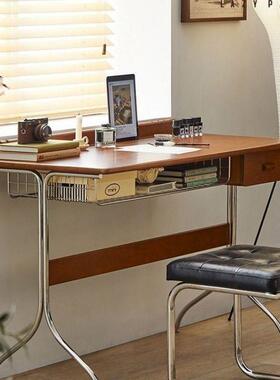 中古风极简松木电脑桌带书架和抽屉办公室书桌电视柜单椅组合E0级