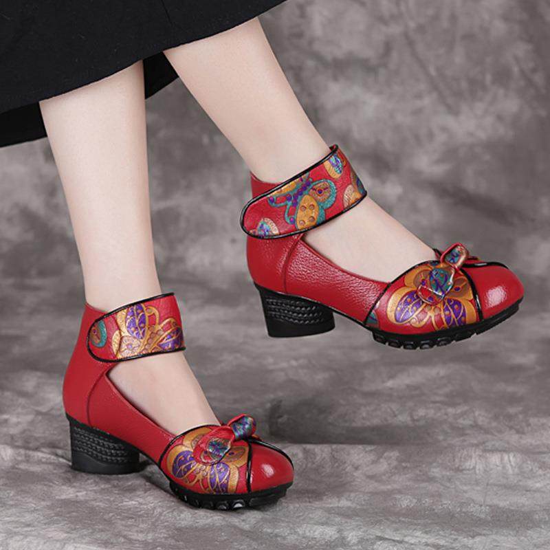 正品2025年春季新款真皮女鞋族风妈妈鞋跟粗印花中老皮民鞋跳舞鞋