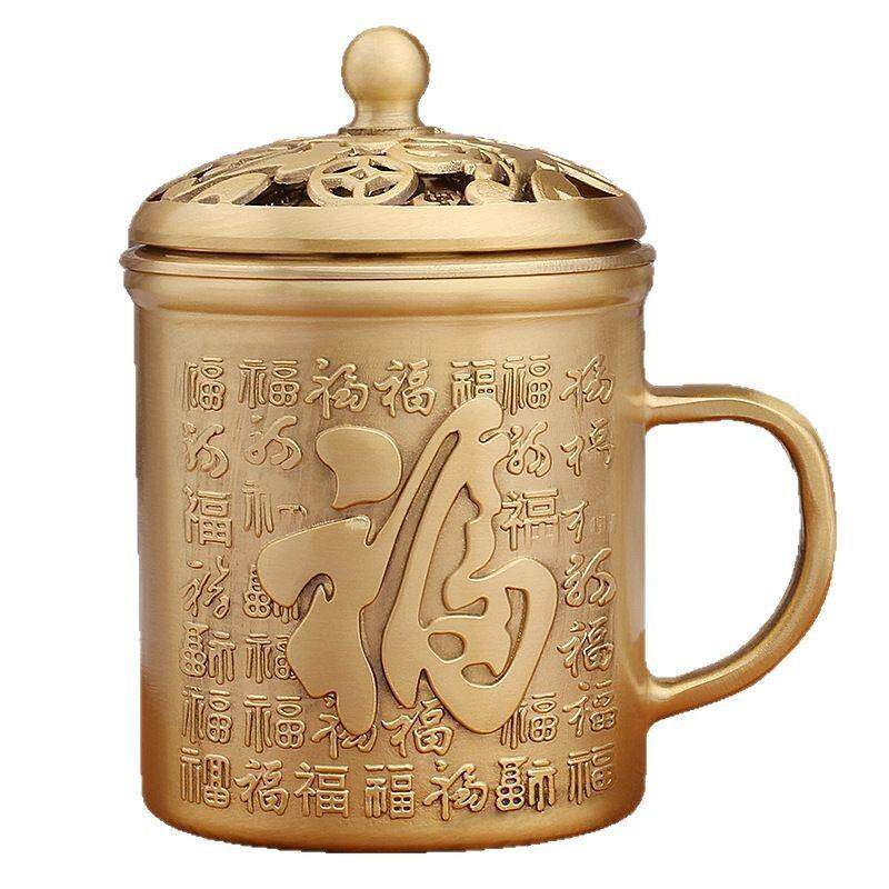 纯黄铜茶缸带把老式茶缸子转转百福茶缸大茶杯盖子可旋转铜工艺品