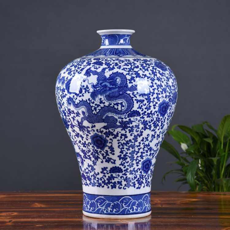 居家陶瓷工艺品复古装饰枝摆件厂家缠大号青花梅瓶花瓶龙纹批发