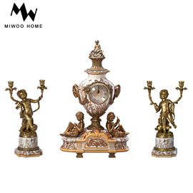 米屋家居复古做旧壁炉玄关工艺品，摆件铜配陶瓷座钟花瓶烛台装饰品