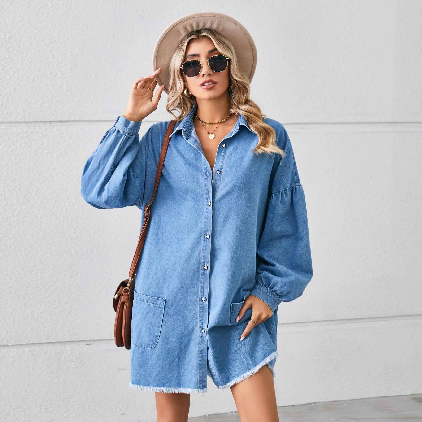 Loose denim long sleeve raw edge dress midi skirt