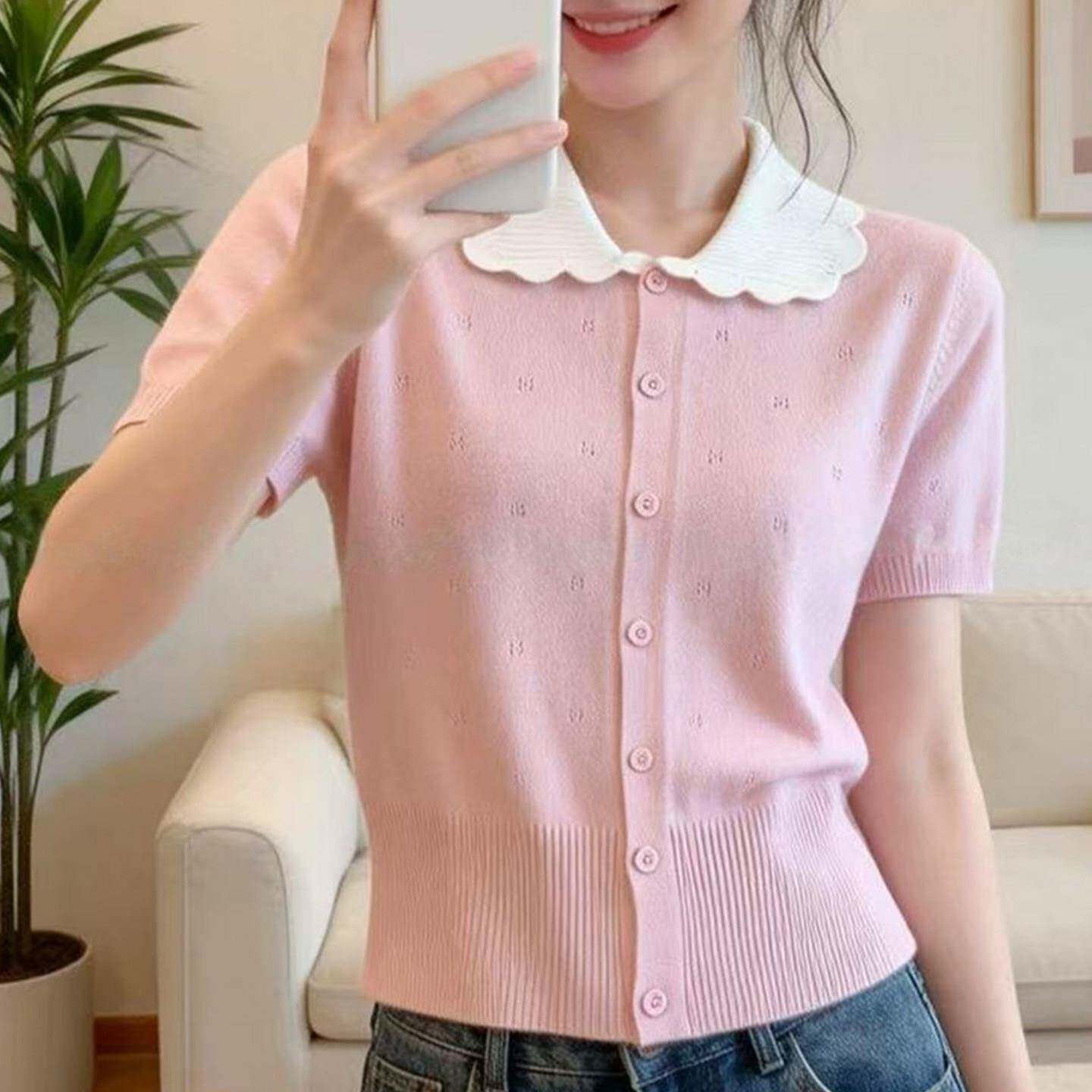 冰丝短袖t恤女2026新款夏季粉色娃娃领微胖大尺码针织衫设计感上