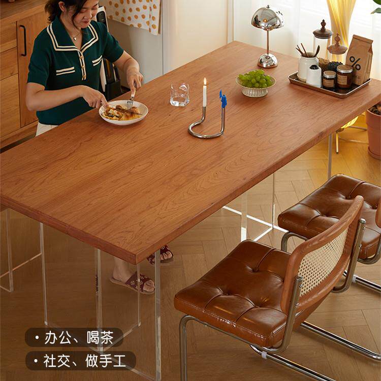 北欧樱桃木亚克力悬浮餐桌日式长方形实木大板桌简约原木工作台
