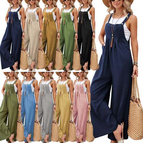 Womens Linen Bib Overalls Comfy Sleeveless Adjustable Straps