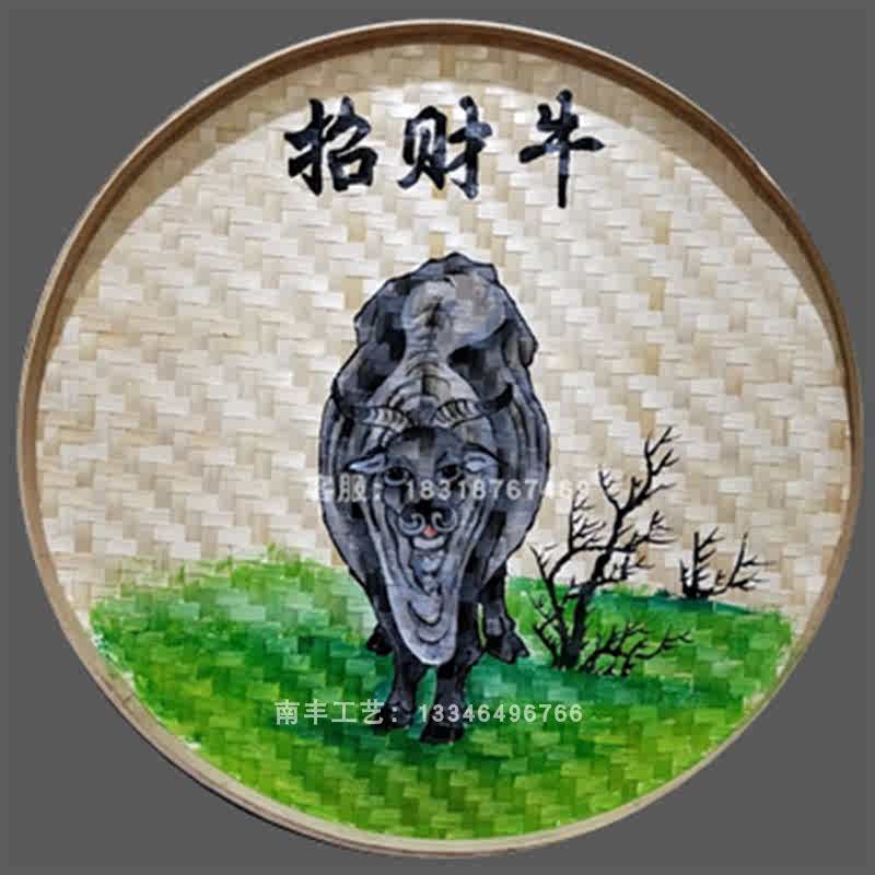 竹编画手绘簸箕农家乐挂饰五牛图火锅店饭店墙壁装饰品动物簸箕画