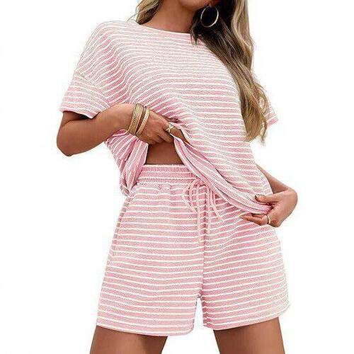 Womens Lounge Sets 2 Piece Pajamas Striped Short Sleeve T