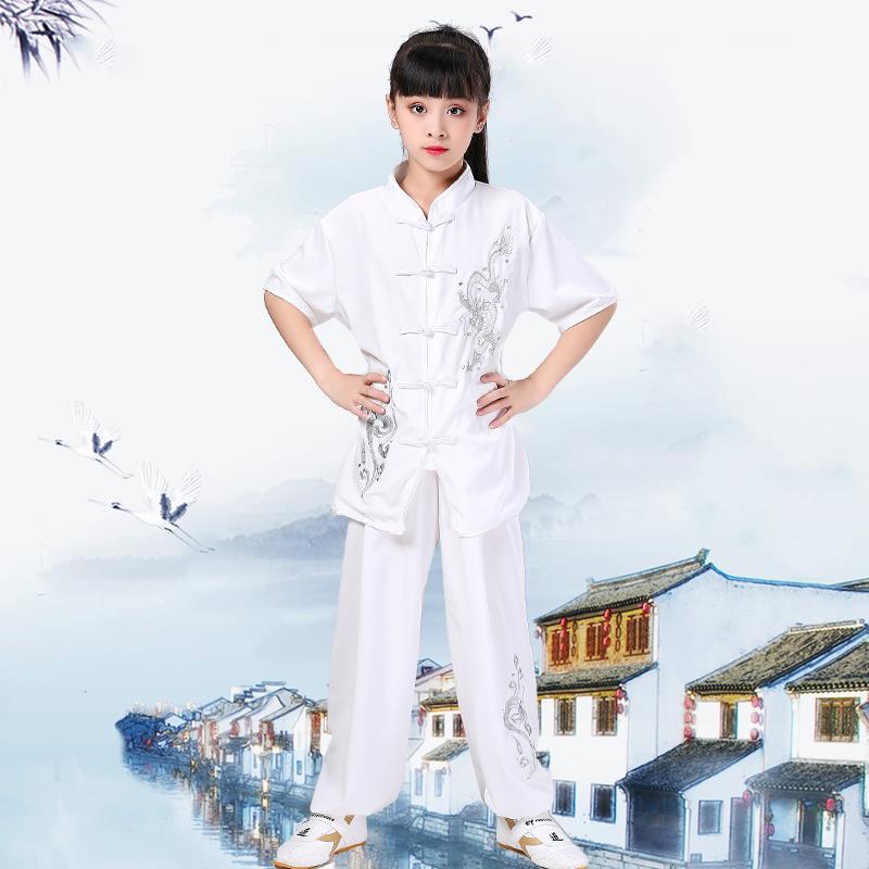 高档六儿童武术练功表演服国风男中一女短袖刺绣练龙武馆训比赛演