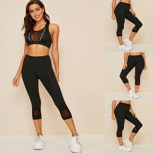 Foot mesh elastic cropped pants, yoga exercise leggings,