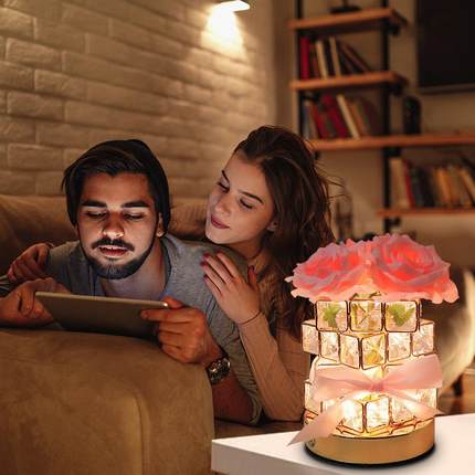 亚马逊水晶魔方玫瑰花灯小夜灯七夕宿舍床头摆件led创意夜灯