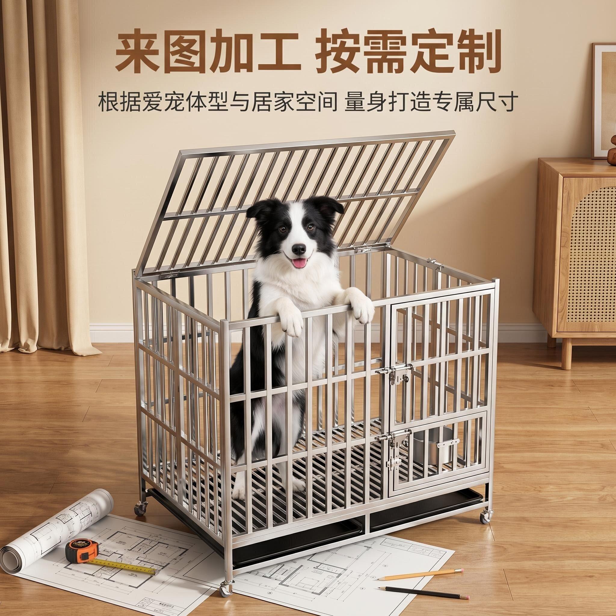 不锈钢狗笼宠物笼猫笼上下笼中大型犬折叠款全方管侧开门狗笼定制