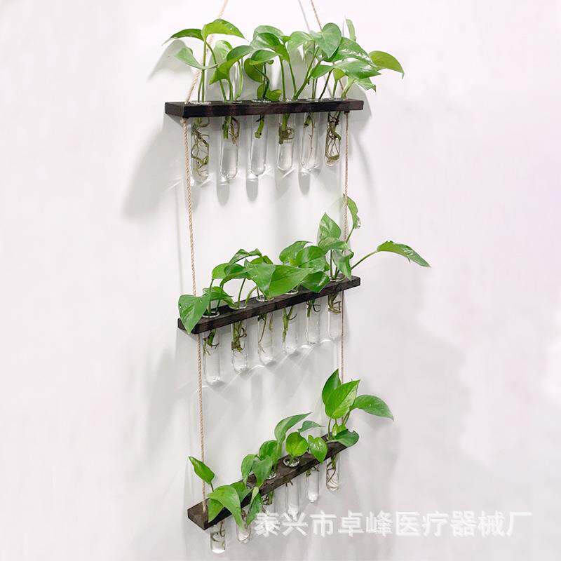 三层六孔创意挂壁式玻璃水培试管翻边试管单层绿萝插花瓶墙面装饰