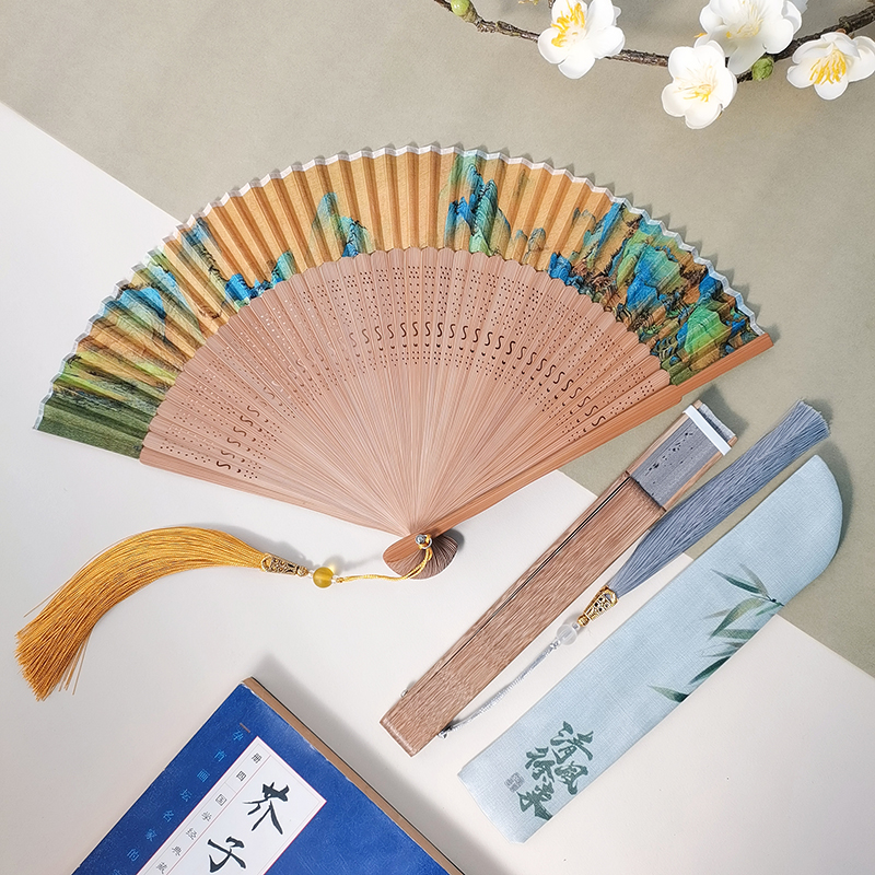 折扇古风扇子千里江山图国风新中式马面裙夏天便携折叠扇拍照道具
