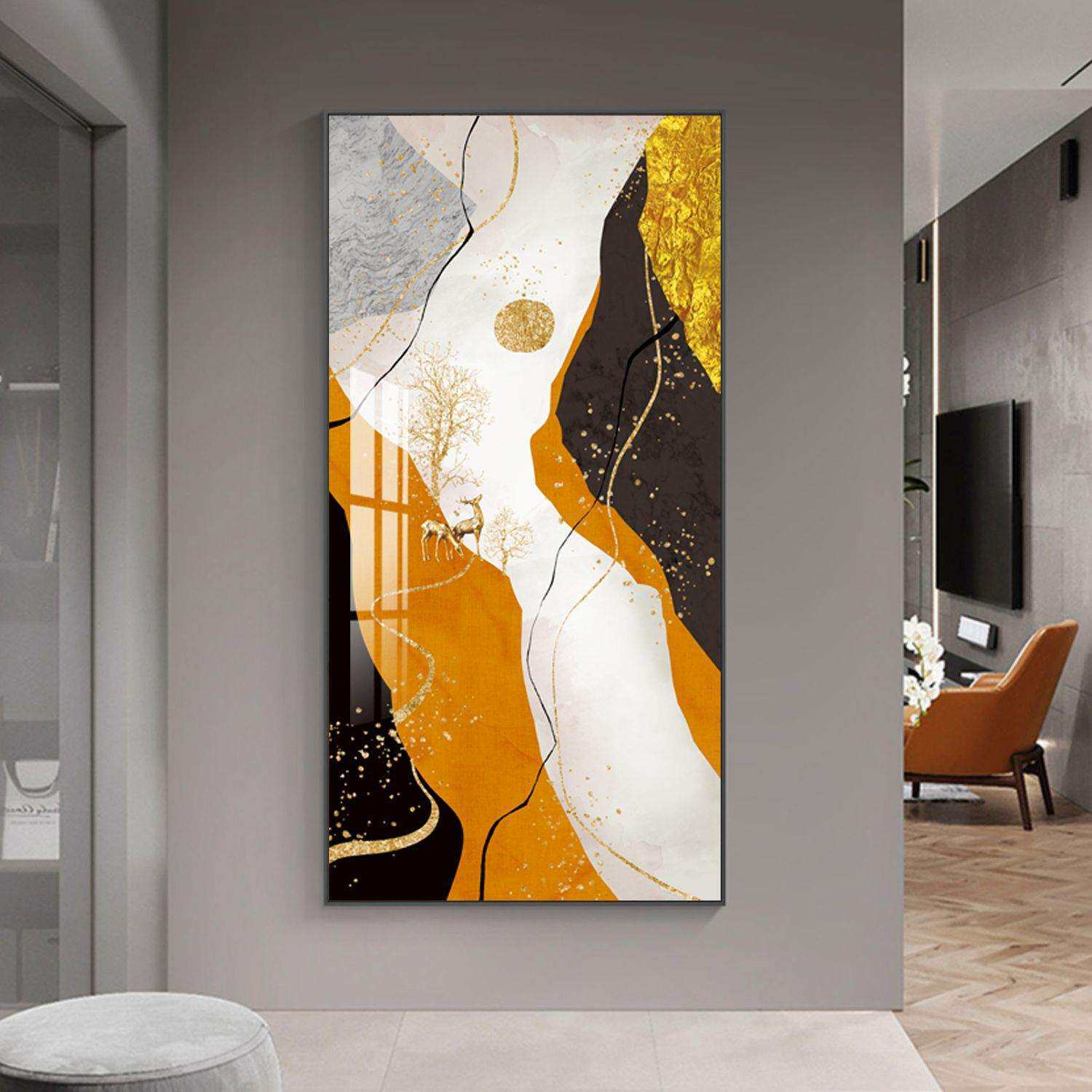 福禄进门现代简约玄关挂画大气入户走廊装饰画麋鹿客厅过道墙壁画