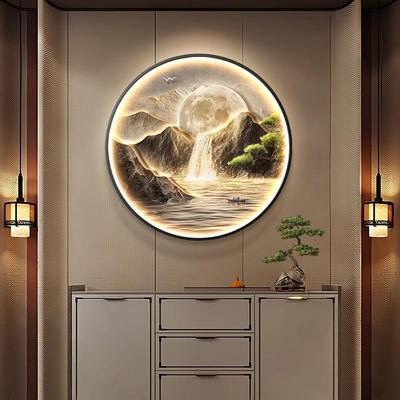 日照金山玄关饰画新NM121363中式入户门圆形挂画灯山水画装茶室背